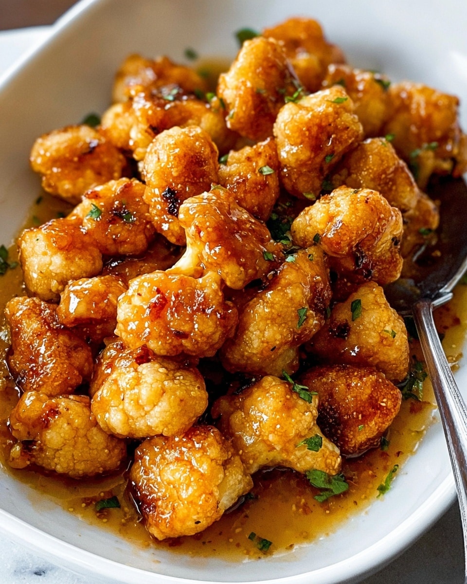 This image shows a close-up of many small, golden-brown fried pieces of cauliflower in a white dish. Each cauliflower piece is slightly crispy with some darker browned spots, coated in a glistening, shiny sauce that pools at the bottom of the dish. Small bits of green herbs are visible scattered among the cauliflower, adding color contrast. The dish sits on a white marbled surface, and a metal spoon is partially visible on the right side, slightly covered by the cauliflower pieces. Photo taken with an iphone --ar 4:5 --v 7