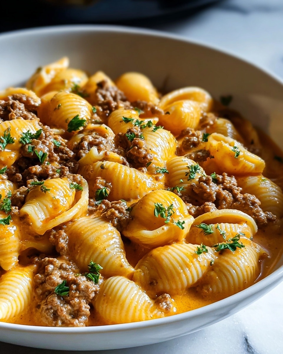 A close-up of a white shallow bowl filled with about two layers of shell-shaped pasta coated in a creamy orange sauce mixed with cooked ground beef. The pasta shells are plump, ridged, and glossy, sitting evenly throughout the bowl. Small bits of green parsley are sprinkled on top, giving a fresh contrast to the warm tones of the creamy sauce and brown meat. The bowl sits on a white marbled surface with soft lighting highlighting the shiny textures of the sauce and pasta. photo taken with an iphone --ar 4:5 --v 7