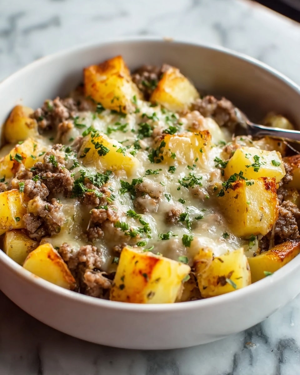 A white bowl filled with a dish made of three main layers: the bottom layer has browned, cubed potatoes with a slightly crispy texture and golden yellow color; the middle layer contains cooked ground meat that is crumbly and brown; the top layer is melted creamy white cheese covering the potatoes and meat, sprinkled with bright green chopped herbs for garnish. The bowl rests on a surface with a white marbled texture. photo taken with an iphone --ar 4:5 --v 7