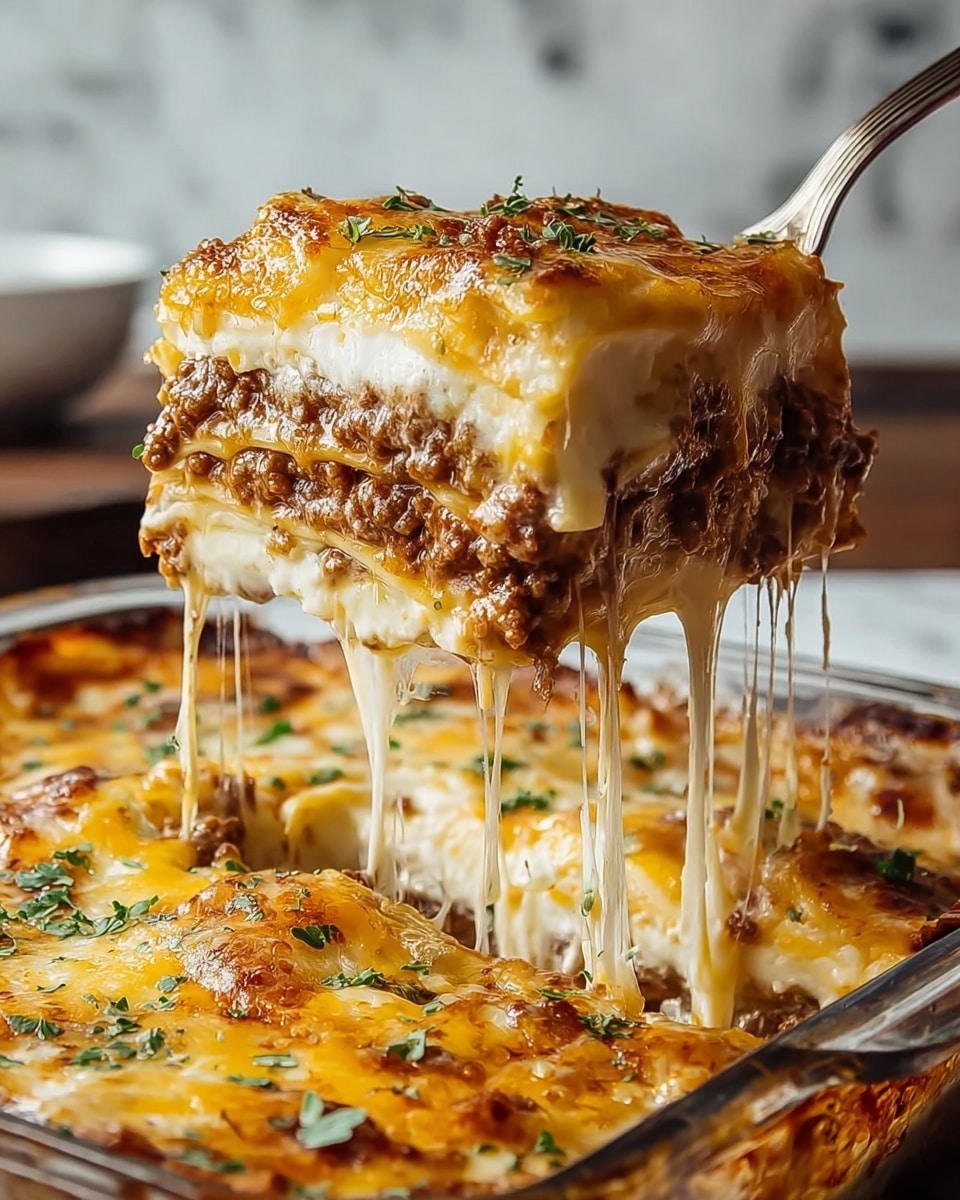 A close-up image shows a thick slice of lasagna being lifted with a fork, stretching melted yellow and white cheese strings down to the rest of the dish in a white glass baking dish. The lasagna has at least four visible layers: a bottom creamy white cheese layer, a thick brown meat sauce layer, a middle white cheese layer, and a top golden melted cheese layer, browned in spots and sprinkled with small green herbs. The white marbled background adds a clean contrast to the warm, rich colors of the lasagna. photo taken with an iphone --ar 4:5 --v 7