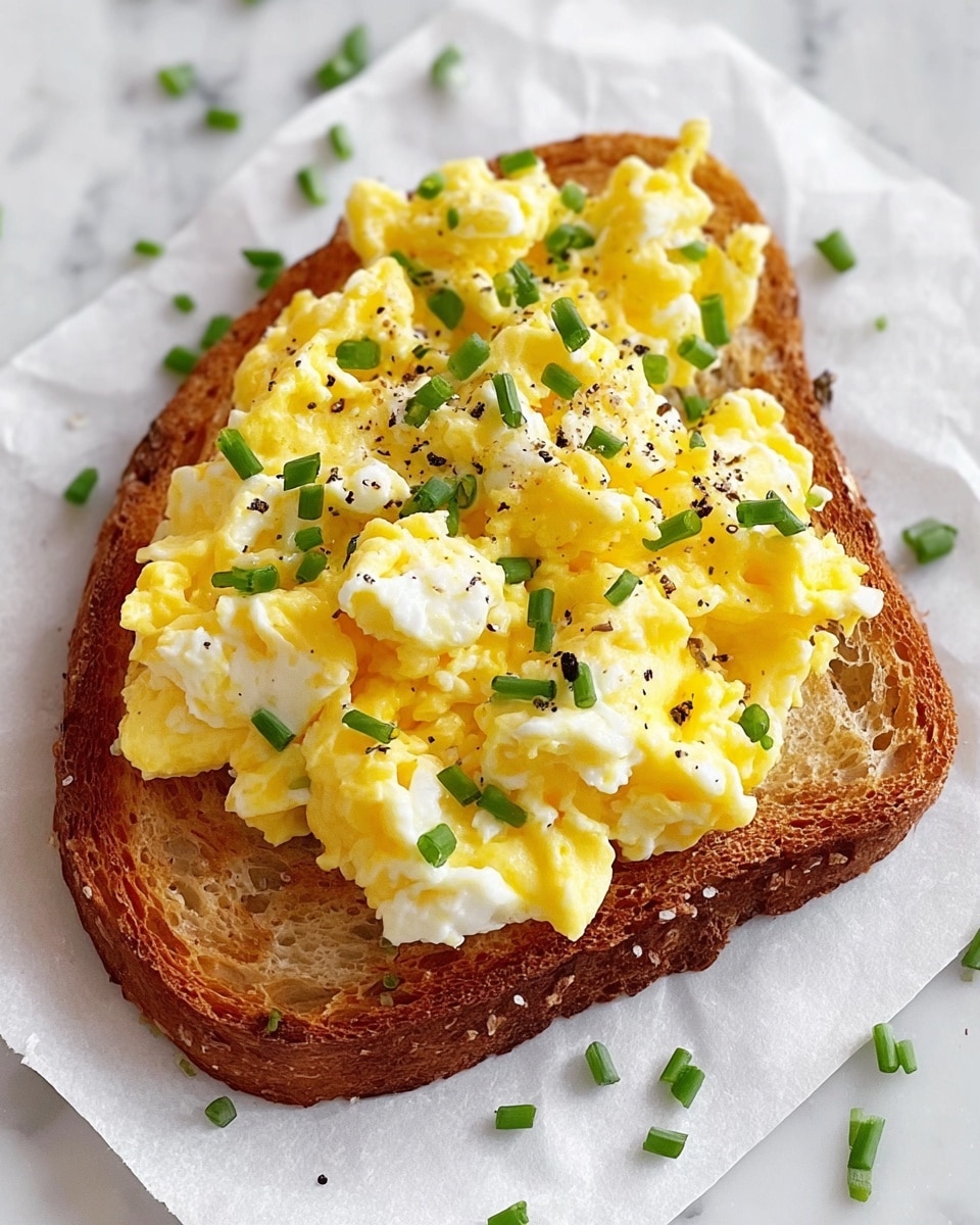 A single slice of toasted bread with a golden-brown crust sits on a piece of white parchment paper over a white marbled surface. On top, there is a thick layer of fluffy, soft scrambled eggs in yellow shades mixed with white curds, creating a creamy texture. Small chopped green chives are sprinkled evenly over the eggs, adding a fresh green contrast, along with light specks of black pepper for seasoning. A few chive pieces are scattered around the toast on the parchment paper. photo taken with an iphone --ar 4:5 --v 7