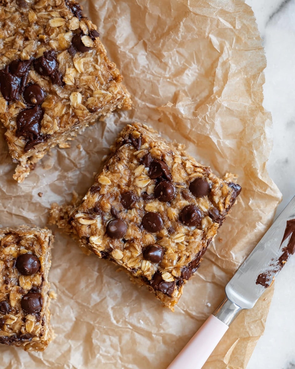The image shows a close-up of three square oat bars placed on crinkled brown parchment paper, each bar having a rough texture with visible oat flakes and several dark brown chocolate chips on top. The bars have a golden-brown color with some areas slightly darker due to baking. To the right side of the image, there is a white butter knife with a light pink handle resting on the parchment paper, with traces of melted chocolate on the blade. The background is a white marbled surface. photo taken with an iphone --ar 4:5 --v 7