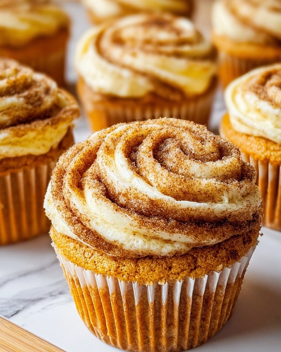 The image shows several cinnamon roll cupcakes close together on a white marbled surface. Each cupcake has one visible layer of golden-brown cake with a ridged white paper liner at the bottom. On top, there is a thick swirl of creamy light beige frosting mixed with a darker cinnamon brown, creating a textured spiral pattern that looks soft and slightly crumbly. The cupcakes’ tops have a slight shine and a rough texture from the cinnamon sugar blend. The scene is brightly lit, highlighting the warm, inviting colors and textures of the baked treats. Photo taken with an iphone --ar 4:5 --v 7