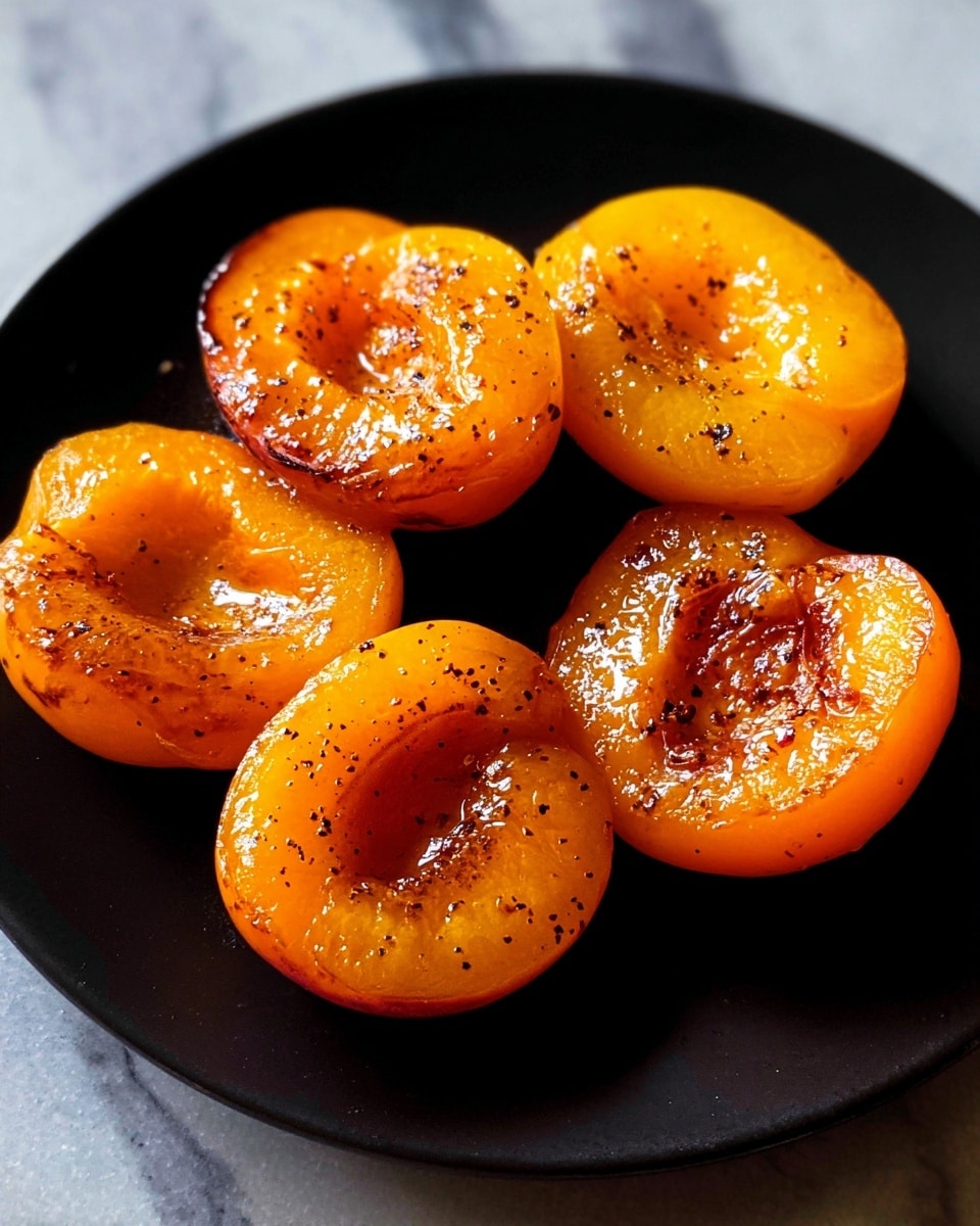 Five bright orange grilled apricot halves are arranged closely on a plain black plate. Each apricot half shows a glossy, caramelized surface with small dark specks, likely spices or char marks, giving them a warm, slightly sticky look. The fruit texture looks soft and juicy with a slight sear, enhancing the golden hues and depth of color. The black plate is set on a white marbled surface, which contrasts with the vivid apricot color, making the fruit stand out. photo taken with an iphone --ar 4:5 --v 7