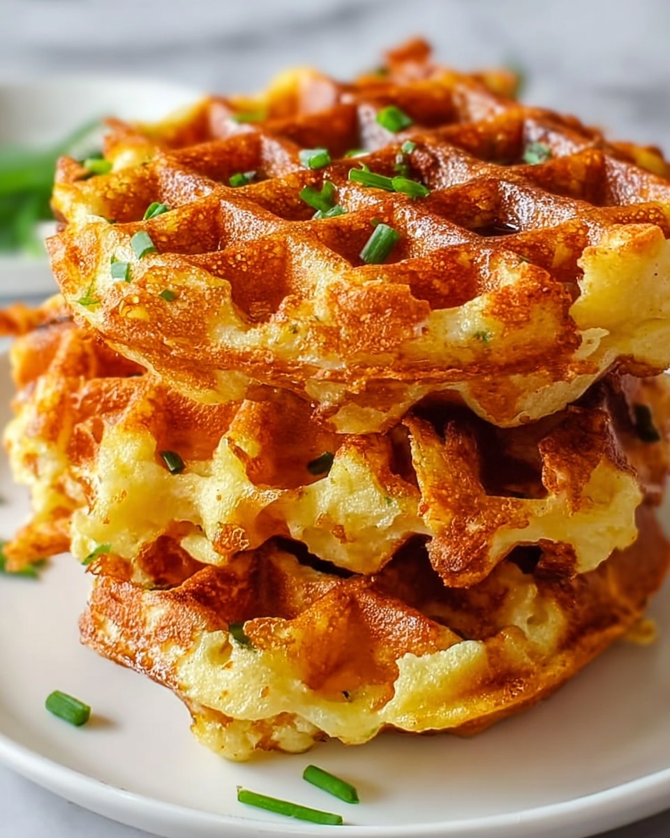 A stack of three golden brown waffles sit on a white plate, each waffle showing a crispy texture with some areas slightly melted, giving a glossy and soft look on top. The waffles have a deep grid pattern with small green chive pieces sprinkled on and around them. The edges of the waffles are crisp and slightly uneven, showing a contrast between soft and crunchy parts. The background is softly blurred with a white marbled texture underneath the plate. photo taken with an iphone --ar 4:5 --v 7