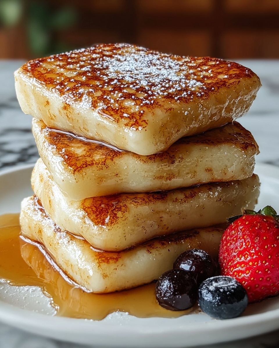 A stack of four square pancakes with a golden-brown crust and a soft, slightly shiny texture, each layer showing a grid pattern on top and edges with some caramelized spots. The top pancake is dusted with light powdered sugar, and the whole stack is covered in syrup that glistens under the light, pooling on the white plate beneath. To the right of the stack, there is a small cluster of fresh berries, including a bright red strawberry and two dark blueberries. The background has a white marbled surface. Photo taken with an iphone --ar 4:5 --v 7