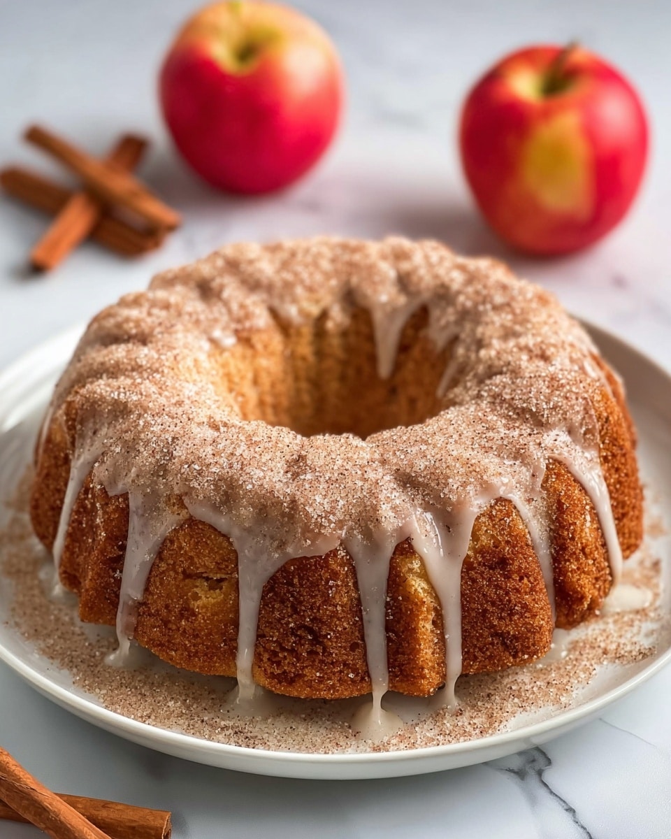 A bundt cake with a golden-brown color sits on a white plate, showing a textured surface with a sugar and cinnamon coating. A light white glaze drips down the sides in uneven streaks, adding a shiny contrast to the matte cake. The cake has one layer, with the ring shape and ridged edges clearly visible. The background shows a white marbled texture with two red apples and cinnamon sticks slightly blurred around the cake. Photo taken with an iphone --ar 4:5 --v 7