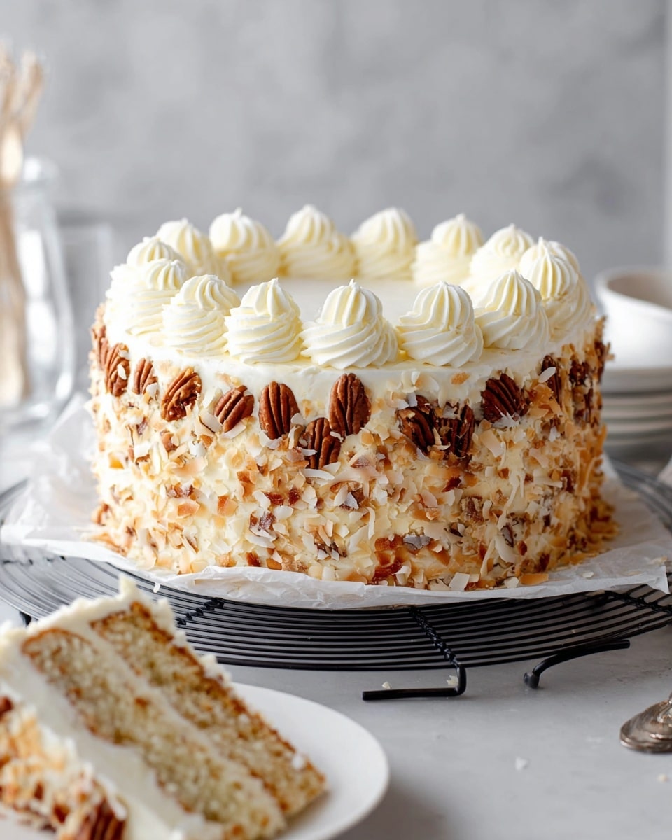 A round cake with three visible layers, each covered in thick, creamy white frosting. The top layer is decorated with evenly spaced piped swirls of white cream. The sides of the cake are coated with toasted coconut flakes that give a light brown and cream texture on the upper two-thirds, while the bottom third of the sides is covered with halved pecans pressed into the frosting, showing a rich brown and tan color. The cake sits on white parchment paper placed on a black wire cooling rack, with a white marbled surface beneath. In the foreground, a slice of cake on a white plate shows the interior layers filled with cream and nuts. Photo taken with an iphone --ar 4:5 --v 7