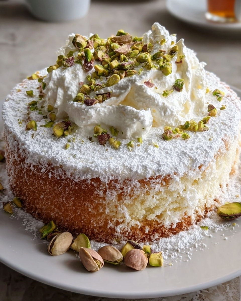 A single-layer round cake sits on a white plate with a white marbled texture surface. The cake is covered with a thick layer of white powdered sugar that dusts the top and sides, creating a soft, snowy look. On top, there is a generous mound of whipped cream that appears light, fluffy, and whipped into soft peaks. Scattered over the whipped cream are crushed pistachio nuts with shades of green and brown, adding texture and color contrast. A few whole pistachio nuts are also placed around the base on the plate. photo taken with an iphone --ar 4:5 --v 7