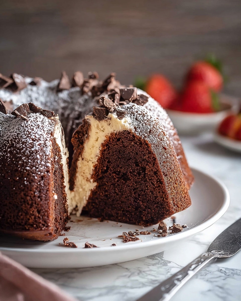 The image shows a chocolate bundt cake sliced to reveal its inside on a white plate placed on a white marbled surface. The cake has two layers: a thick, dark brown, moist-looking lower layer topped with a lighter cream-colored layer, which looks soft and smooth. On top of the cream layer, there are small broken pieces of dark chocolate scattered, adding texture and contrast. The outer side of the cake is dusted with powdered sugar, creating a light, snowy effect on the dark brown chocolate. In the background, there are some red strawberries slightly blurred, giving a fresh touch to the scene. A silver cake server is partially visible under the plate. photo taken with an iphone --ar 4:5 --v 7