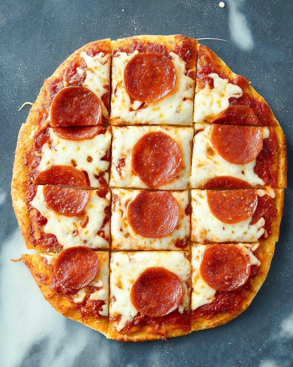 A round pepperoni pizza is cut into twelve square slices, showing a golden brown crust around the edges, a layer of bright red tomato sauce underneath, and melted mozzarella cheese in a creamy white color covering almost the whole surface. Each slice has one large, round, reddish-brown pepperoni piece on top, slightly crisped at the edges. The pizza sits directly on a white marbled surface with a few crumbs around. Photo taken with an iphone --ar 4:5 --v 7
