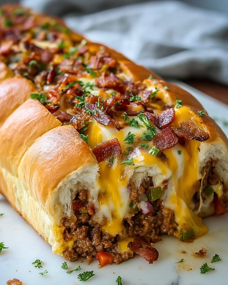 The image shows a long sandwich with a golden brown bread base that is soft and slightly crispy on the outside. The sandwich is filled generously with cooked minced meat mixed with small diced red and green peppers, creating a colorful layer at the bottom. On top of the meat, there is a melted layer of bright yellow-orange cheddar cheese that stretches and drips slightly over the sides. Scattered pieces of crispy bacon bits in reddish-brown colors are spread over the cheese, adding texture. Small green parsley leaves are sprinkled on top, giving a fresh touch. The sandwich is placed on white parchment paper on a white marbled surface, making the colors stand out clearly. The image is close up, focusing on the front end of the sandwich, showing detailed textures of the ingredients. Photo taken with an iphone --ar 4:5 --v 7