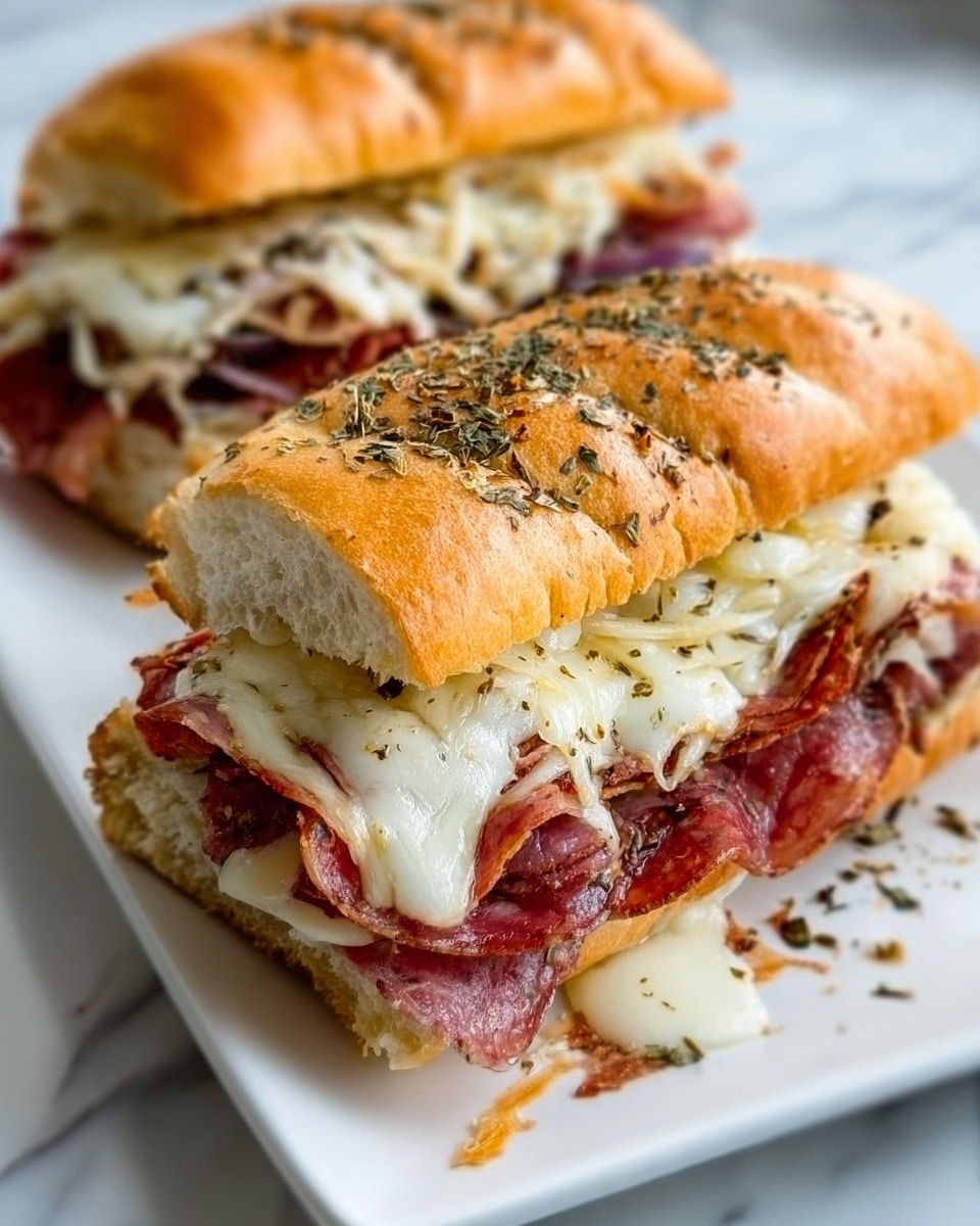 Two sandwiches are placed side by side on a wooden board, each sandwich made with a toasted sesame seed bun that has a golden-brown crust. Inside each sandwich, there is a thick layer of melted white cheese with a slightly bubbly texture on top, resting over a layer of thinly sliced reddish-brown cured meat. Behind the sandwiches, a small clear glass bowl holds green olives. The background is a white marbled surface. Photo taken with an iphone --ar 4:5 --v 7