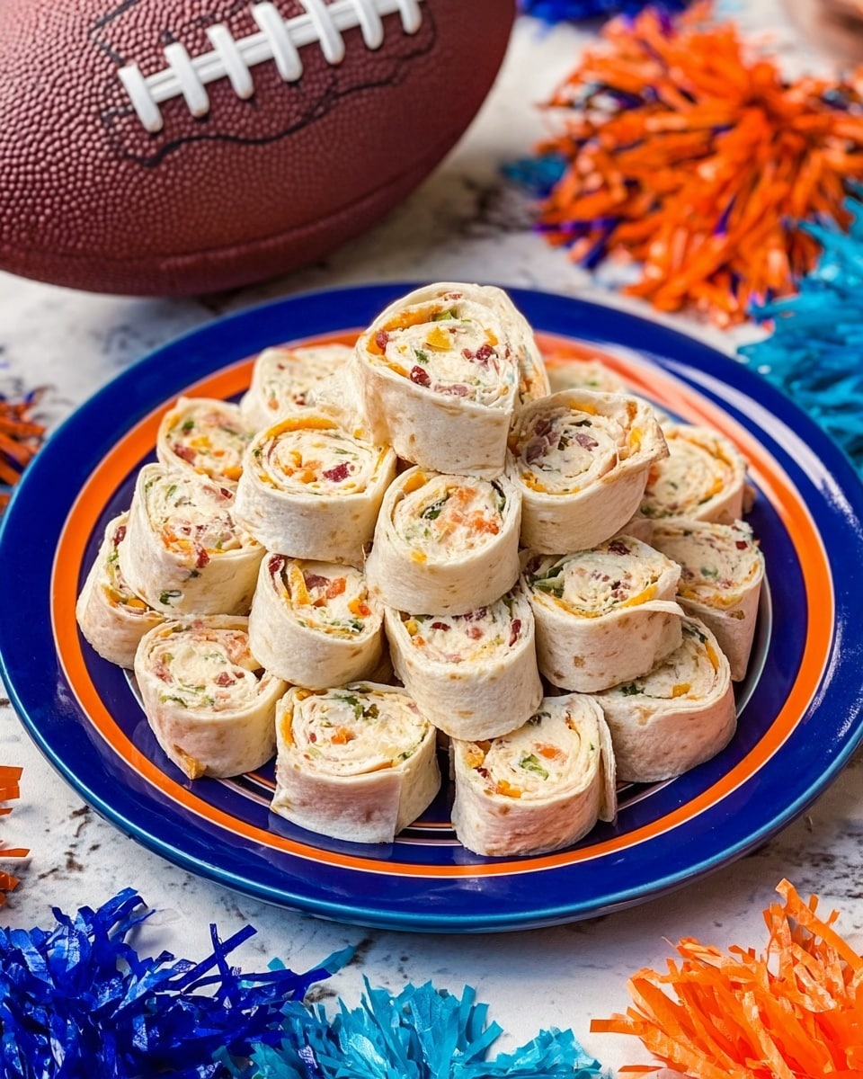A deep blue plate with orange and white stripes at the bottom half holds many small tortilla pinwheel rolls stacked in a pyramid shape. Each pinwheel shows white tortilla layers spread with an orange creamy filling mixed with small pieces of green herbs and bits of red, giving a colorful speckled look. The plate is on a white marbled surface with football-themed decorations visible around it, including a football-shaped dish and pom-poms with orange and blue strands. The overall setting is bright and lively. photo taken with an iphone --ar 4:5 --v 7