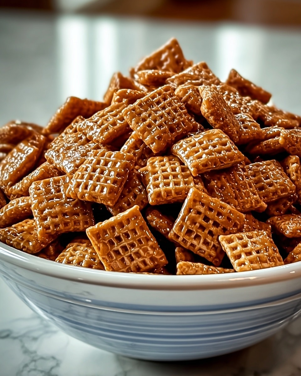 A white bowl filled with many small square cereal pieces coated in thick, shiny caramel, giving them a rich brown color with a slight glossy texture; the cereal pieces are piled high above the bowl's edge, showing their crisp, grid-like patterns on each piece. The bowl sits on a white marbled surface with a blurred background. photo taken with an iphone --ar 4:5 --v 7