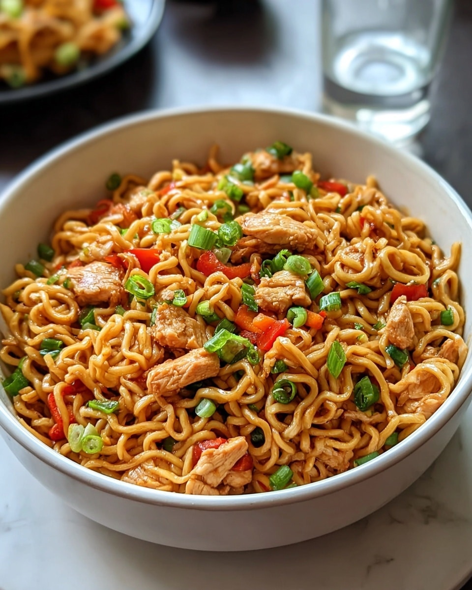 A bowl filled with cooked curly noodles mixed with small pieces of light brown cooked chicken, bright green chopped scallions, and small red bell pepper pieces, all coated in a shiny, savory sauce giving the noodles a golden brown color; the dish is placed in a white bowl on a white marbled surface, with a blurred glass and another plate visible in the background. photo taken with an iphone --ar 4:5 --v 7