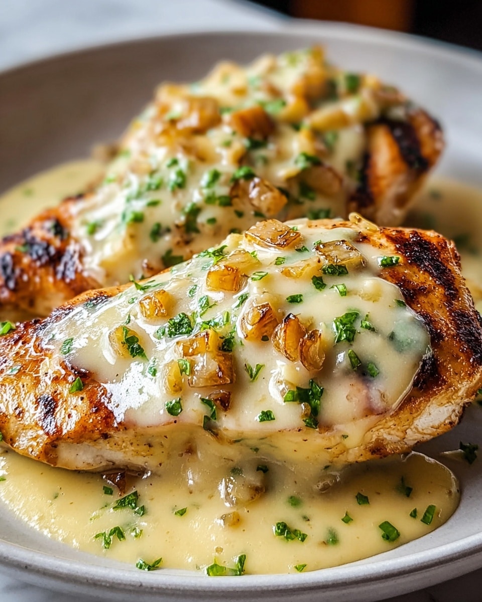 The image shows two grilled chicken breasts on a white plate, each topped with a creamy, thick sauce that is pale yellow and has small chunks of browned garlic and bits of green herbs scattered on top. The chicken has a golden-brown grilled texture visible through the sauce. The sauce is layered generously over the chicken, spreading slightly onto the plate, creating a rich, glossy look. The white plate sits on a white marbled surface. photo taken with an iphone --ar 4:5 --v 7