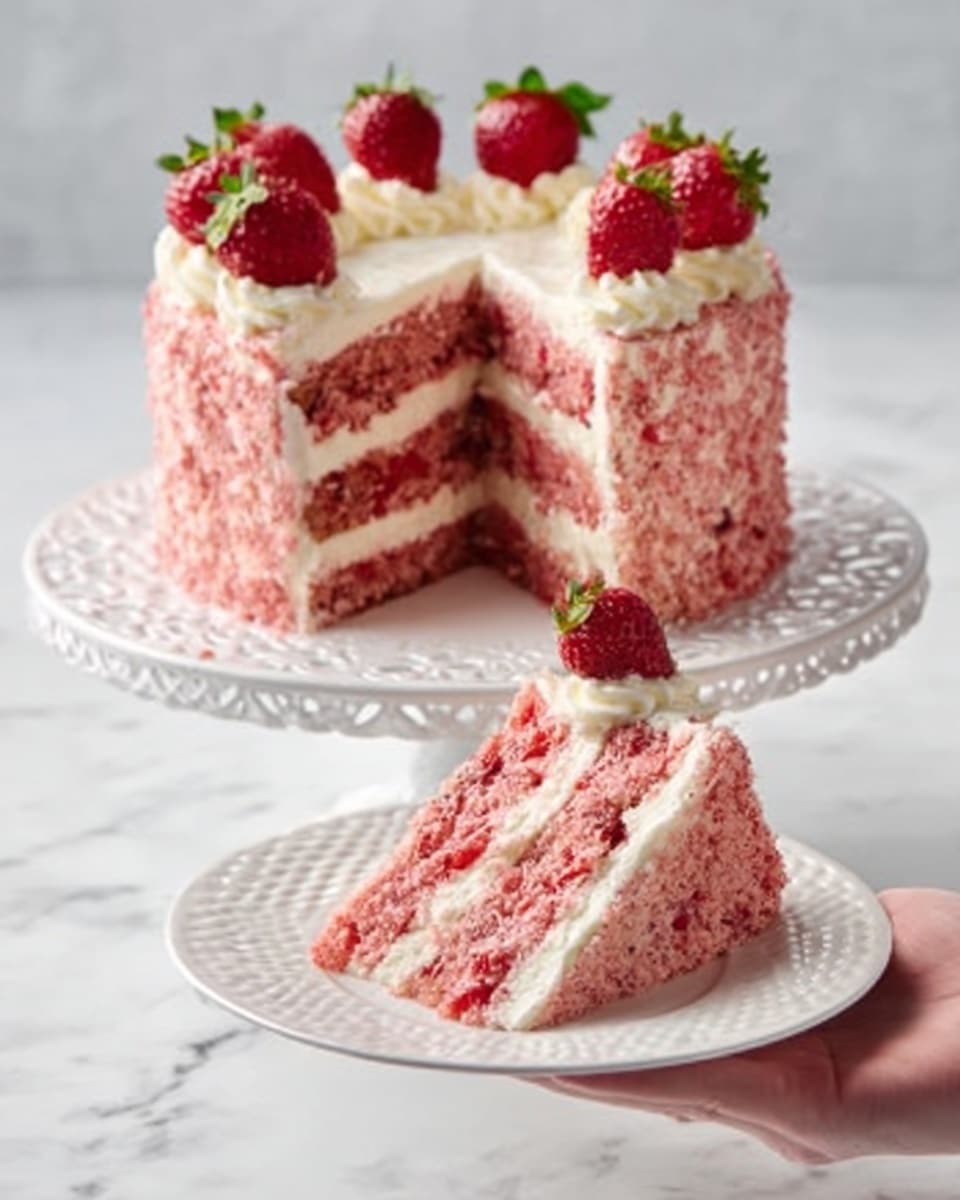 The image shows a two-layer strawberry cake covered in pink crumb coating, sitting on a white cake stand with delicate patterns. Each cake layer is pink with a soft, moist texture, separated by a thick layer of white cream filling. The top of the cake is decorated with dollops of cream and whole fresh strawberries placed evenly around the edge. In the foreground, a slice of the cake is placed on a white plate with a textured edge, showing the same layers and topped with one dollop of cream and a single strawberry. A woman's hand is gently holding the plate against a white marbled surface. photo taken with an iphone --ar 4:5 --v 7