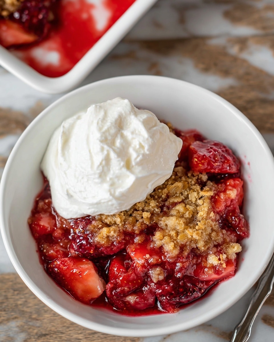 The image shows a white bowl filled with a fruit crumble dessert featuring three layers: the bottom layer consists of red and pink soft cooked strawberries and mixed berries with a shiny, syrupy texture; the middle layer is a golden brown crumbly oat topping with a rough texture; the top layer has a large swirl of white whipped cream with a smooth and fluffy texture, sitting on the left side of the bowl. The bowl is placed on a white marbled surface, with part of a white tray of the same dessert visible in the background. Photo taken with an iphone --ar 4:5 --v 7