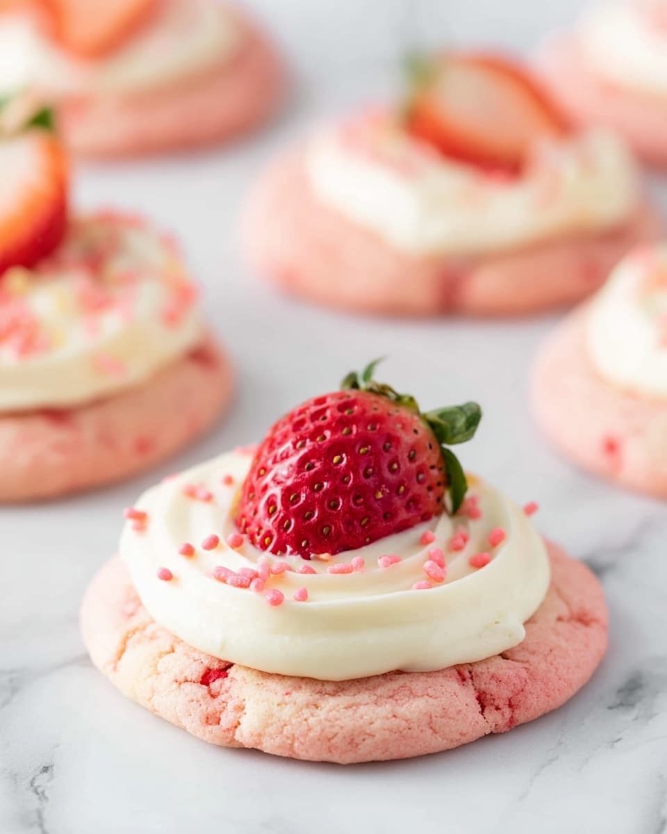 The image shows a close-up of soft, round pink cookies with a slightly cracked texture, each topped with a thick layer of smooth white frosting spread in a swirl pattern. On top of the frosting, there is a fresh, halved strawberry with green leaves still attached, placed right in the middle of the cookie. The cookies rest on a white marbled surface, with some whole and halved strawberries scattered around them, enhancing the fresh look. photo taken with an iphone --ar 4:5 --v 7
