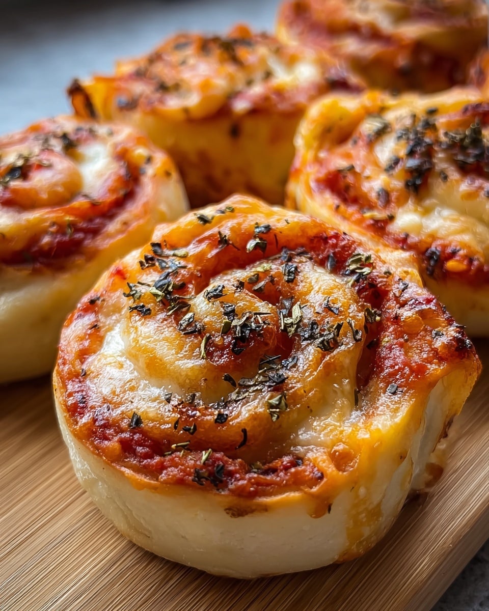 The image shows close-up views of pizza rolls placed on a wooden board. Each roll has multiple spiral layers, starting with a soft, pale beige dough at the base. Inside, there are rich red tomato sauce layers intertwined with melted, golden brown cheese that bubbles and has slightly crispy edges. The top is sprinkled with small bits of greenish-black dried herbs, adding a textured look. The rolls have a glossy, baked surface with some darker browned spots indicating well-cooked cheese. The white marbled texture background contrasts with the warm tones of the pizza rolls. photo taken with an iphone --ar 4:5 --v 7