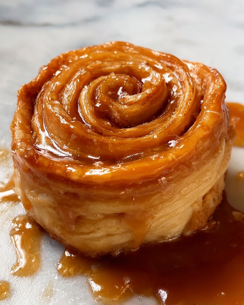 A small, round pastry shaped like a rose sits on a white marbled surface. The pastry has multiple spiral layers, each a light golden brown color with a soft, flaky texture. The top is coated with a thick, shiny caramel sauce that drips slightly onto the surface below, adding a rich amber hue and a glossy finish. The layers of dough are visible, tightly rolled to form the rose shape with delicate edges and a slightly soft interior. Photo taken with an iphone --ar 4:5 --v 7