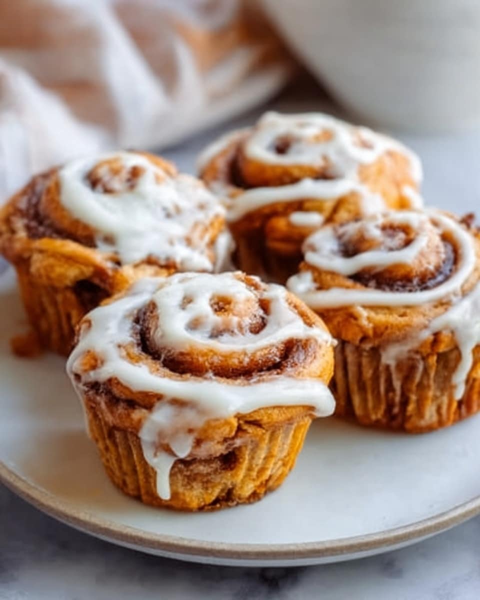 The image shows four cinnamon roll muffins on a white plate, each with a golden-brown spiral shape and topped with thick, creamy white icing that drips down the sides. The muffins have a soft, fluffy texture with swirls of cinnamon inside, and the white plate rests on a white marbled surface, adding a clean and bright background to the warm tones of the muffins. photo taken with an iphone --ar 4:5 --v 7