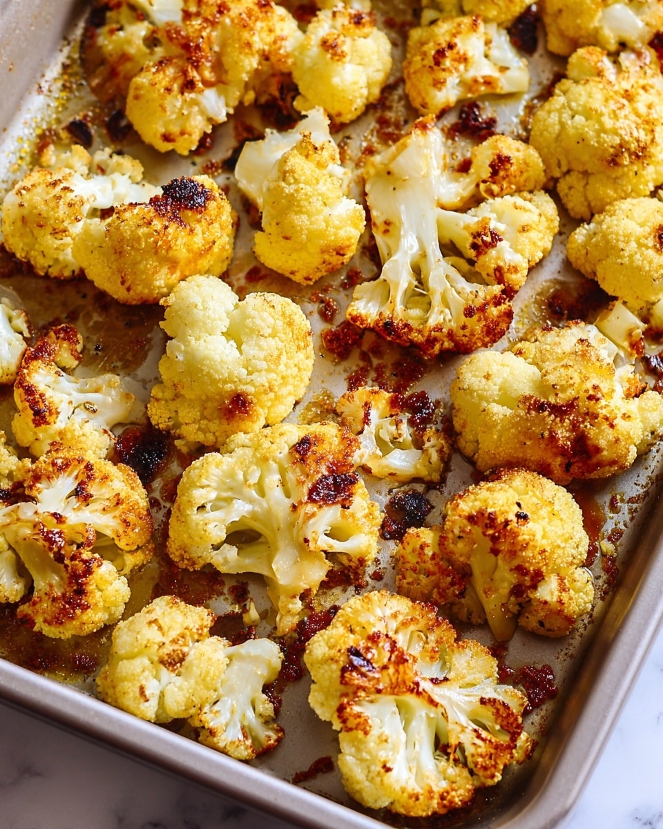 The image shows a metal roasting pan filled with roasted cauliflower florets. There are about three to four layers of cauliflower pieces, each with a light golden brown and slightly crispy texture on the outside while the inside remains white and soft. The florets are placed unevenly, covering the base of the pan with some smaller browned bits stuck to the pan's surface. The edges of the cauliflower have a mix of golden-yellow and light brown spots, showing good roasting. The background surface is a white marbled texture. photo taken with an iphone --ar 4:5 --v 7