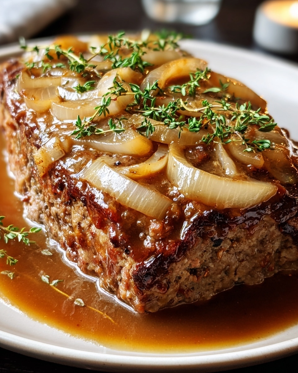 A thick, brown ground meat loaf sits in the center of a white plate, topped with a thick layer of translucent, cooked onion slices that have a shiny, glazed look. Fresh green thyme sprigs are evenly scattered on top of the onions, adding a touch of color and texture. The meatloaf is soaked in a rich brown sauce that pools on the white plate around it. The white marbled surface beneath the plate adds a light, elegant background. Photo taken with an iphone --ar 4:5 --v 7