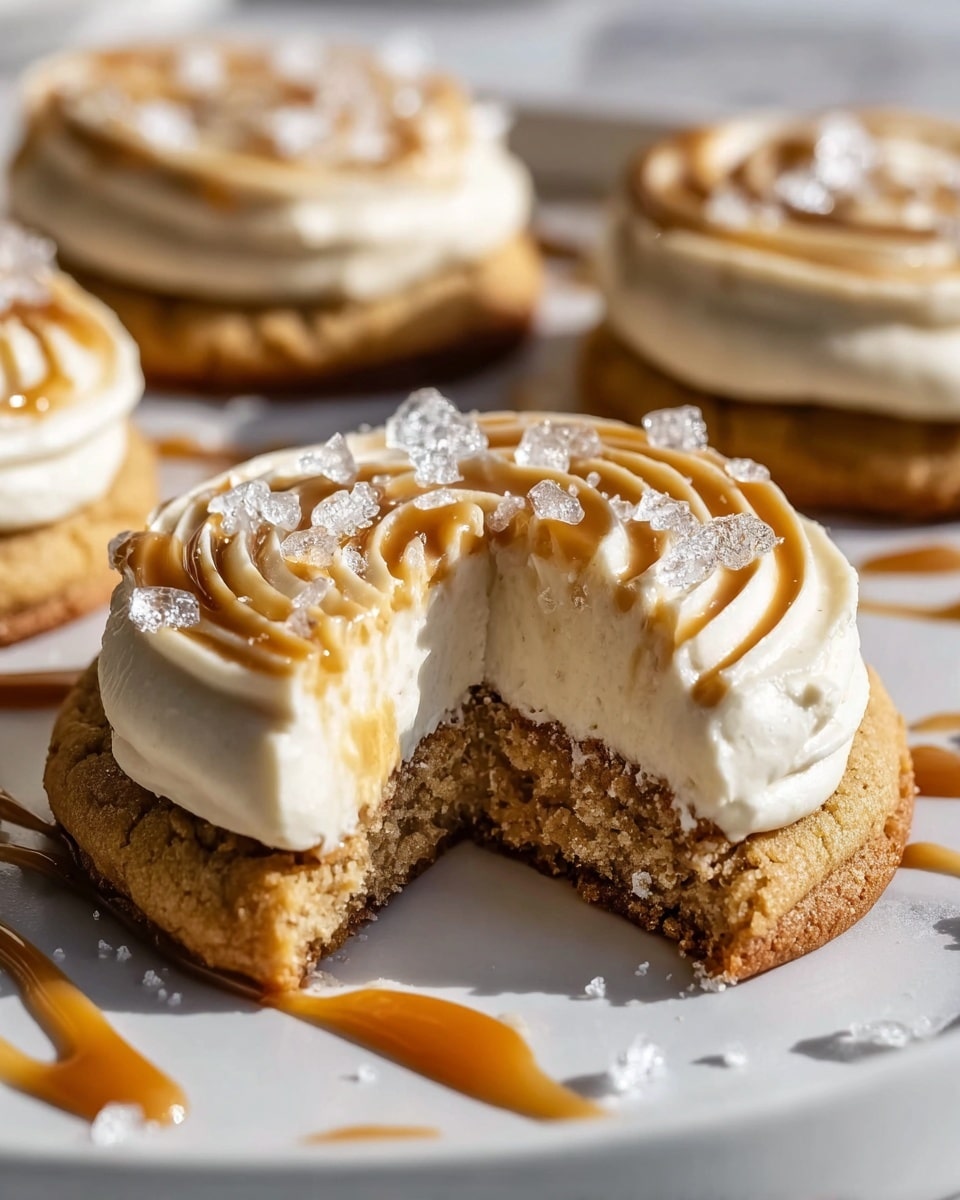 A close-up of a single round cookie with a missing slice, showing three layers: a thick, crumbly light brown base with a slightly darker bottom edge; a thick, smooth off-white frosting layer on top; and a decorative swirl of light caramel-colored drizzle over the frosting, topped with large sugar crystals sparkling under the light. The cookie sits on a white plate on a white marbled surface, with more identical cookies softly blurred in the background, caramel drizzled around. photo taken with an iphone --ar 4:5 --v 7