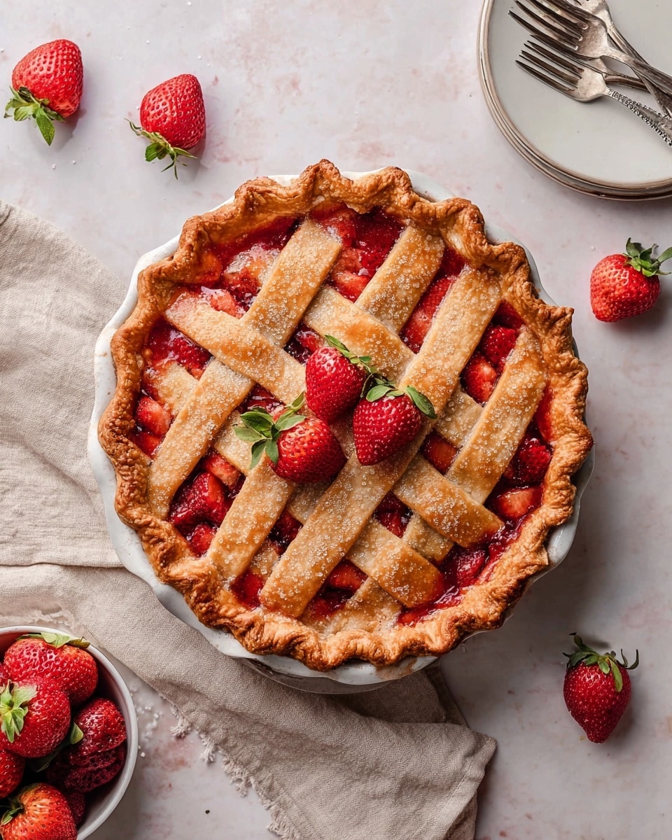 A golden-brown lattice strawberry pie sits in the center of a white pie dish, with thick crust edges crimped in a wavy pattern and sprinkled with coarse sugar. Inside the crust, a bright red, chunky strawberry filling peeks through the woven pastry strips on top. Fresh halved strawberries with green leaves garnish the top of the pie. The pie is placed on a white marbled surface. Around it are a beige cloth napkin, halved strawberries scattered nearby, a small white bowl filled with whole strawberries on the left, and a stack of white plates with some forks in the upper right corner. photo taken with an iphone --ar 4:5 --v 7