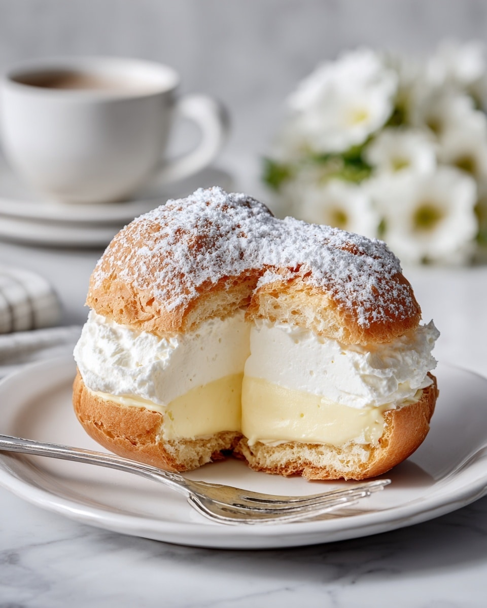 A slice of layered cream dessert sits on a white plate with powdered sugar dusted on top. The dessert has three main layers: the top layer is a golden-brown, flaky puff pastry with a light dusting of powdered sugar and dollops of white whipped cream peaks along the top edge. The middle layer is thick and fluffy white whipped cream sandwiched between thin, light brown pastry layers. The bottom layer is a smooth, pale yellow custard cream resting on the base of crispy puff pastry. Behind the slice, a larger portion of the same dessert is visible on a white plate, and part of a white cup with a spoon is to the left, all on a white marbled surface. Photo taken with an iphone --ar 4:5 --v 7
