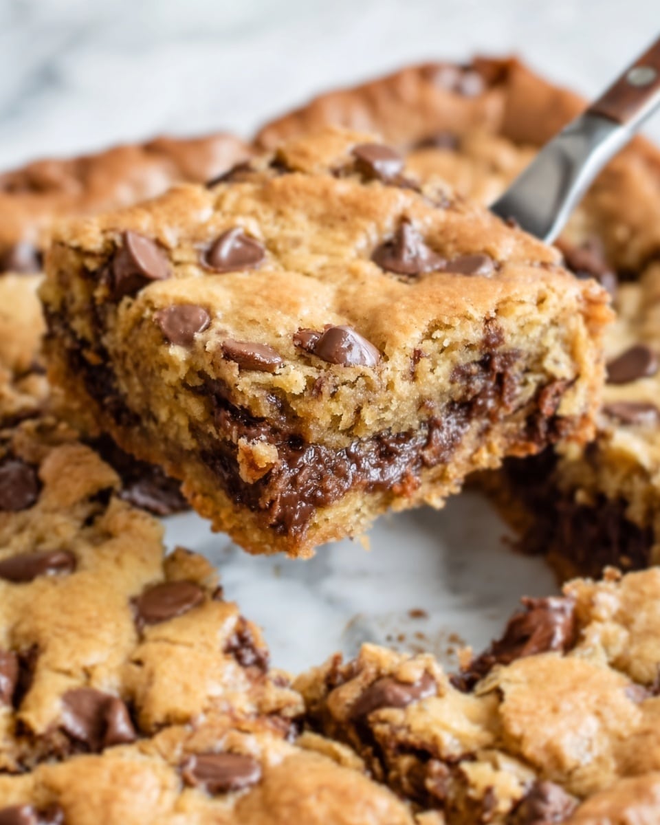 A close-up image of a thick, square piece of chocolate chip cookie bar being lifted by a knife. The cookie bar has a golden brown, slightly crisp top with melted chocolate chips visible throughout. The texture appears soft and chewy inside, with a dense, gooey middle layer filled with rich chocolate chunks. The background is a white marbled surface. Photo taken with an iphone --ar 4:5 --v 7