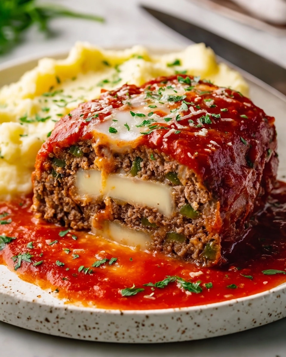 The close-up image shows a thick slice of lasagna with multiple layers. The bottom layer is a rich red tomato sauce that looks thick and smooth, spreading onto the white marbled surface. Above that is a layer of browned ground meat mixed with bits of green herbs, looking soft and crumbly. On top of the meat is melted, gooey white cheese stretched out in long strings, dripping down the side. Above the cheese is another layer of bright red tomato sauce with fresh green basil leaves sprinkled on top, giving a fresh contrast. The whole lasagna slice looks warm and gooey, with the cheese shining slightly under the light, all against a dark blurry background. Photo taken with an iphone --ar 4:5 --v 7