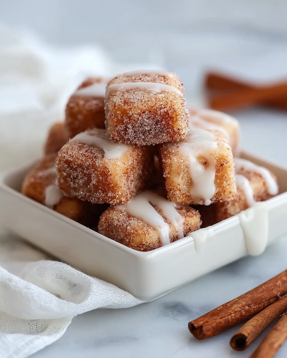 The image shows a white square dish filled with small square-shaped pastries, lightly golden brown and coated in a layer of cinnamon sugar, giving them a slightly grainy texture on the outside. Each pastry has a drizzle of white icing on top, some flowing slightly down the sides, adding a smooth contrast to the rough cinnamon sugar coating. The pastries are stacked neatly in the dish against a white marbled surface, with a white cloth partially visible underneath the dish. Cinnamon sticks are arranged casually nearby, adding to the cozy, warm feeling of the scene. photo taken with an iphone --ar 4:5 --v 7