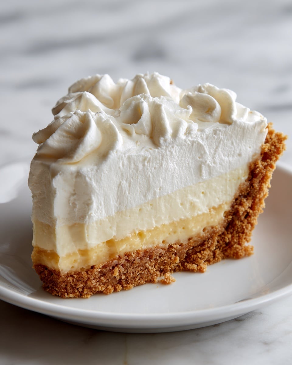 A slice of cream pie sits on a white plate, showing three layers clearly visible from the side. The bottom layer is a crumbly, golden-brown crust that looks crunchy. Above the crust is a thick, smooth layer of pale cream filling. The top layer is fluffy white whipped cream, shaped into soft peaks with a light, airy texture. The background is a white marbled texture, and the photo captures the pie close up, focusing on the creamy and soft details. photo taken with an iphone --ar 4:5 --v 7