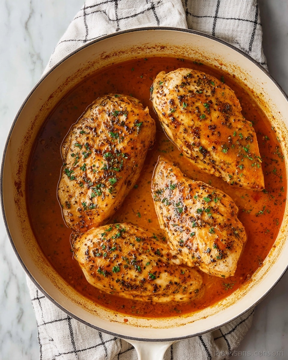 A round white cooking pot contains three cooked chicken breasts covered in a thick orange-brown sauce mixed with black and green herbs. The chicken breasts have a lightly browned, glossy surface with visible seasoning of black pepper and green parsley flakes sprinkled on top. The sauce pools around the chicken, coating the bottom and sides of the pot with some sauce residue on the pot’s edges. The pot sits on a white and black checked cloth over a white marbled surface. Photo taken with an iphone --ar 4:5 --v 7