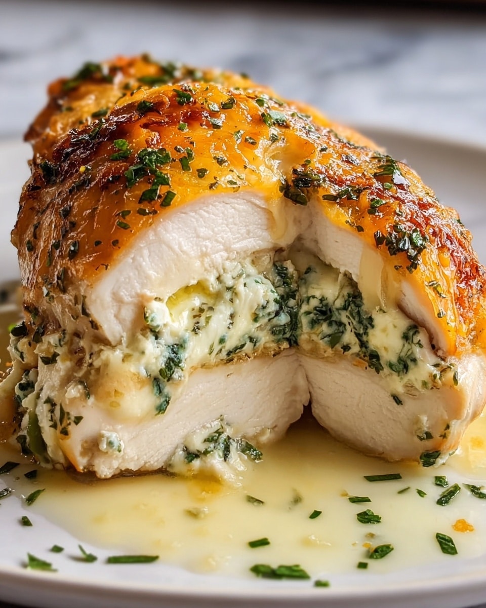 A close-up of a sliced stuffed chicken breast showing three layers: the top layer is a golden brown, slightly crispy melted cheese with some herbs sprinkled on it; the middle layer is a smooth, white cooked chicken breast; and the bottom layer is a creamy white cheese filling mixed with green herbs, oozing out slightly. The dish rests on a white plate with some light-colored sauce and scattered green herbs around it, all placed on a white marbled textured surface. photo taken with an iphone --ar 4:5 --v 7