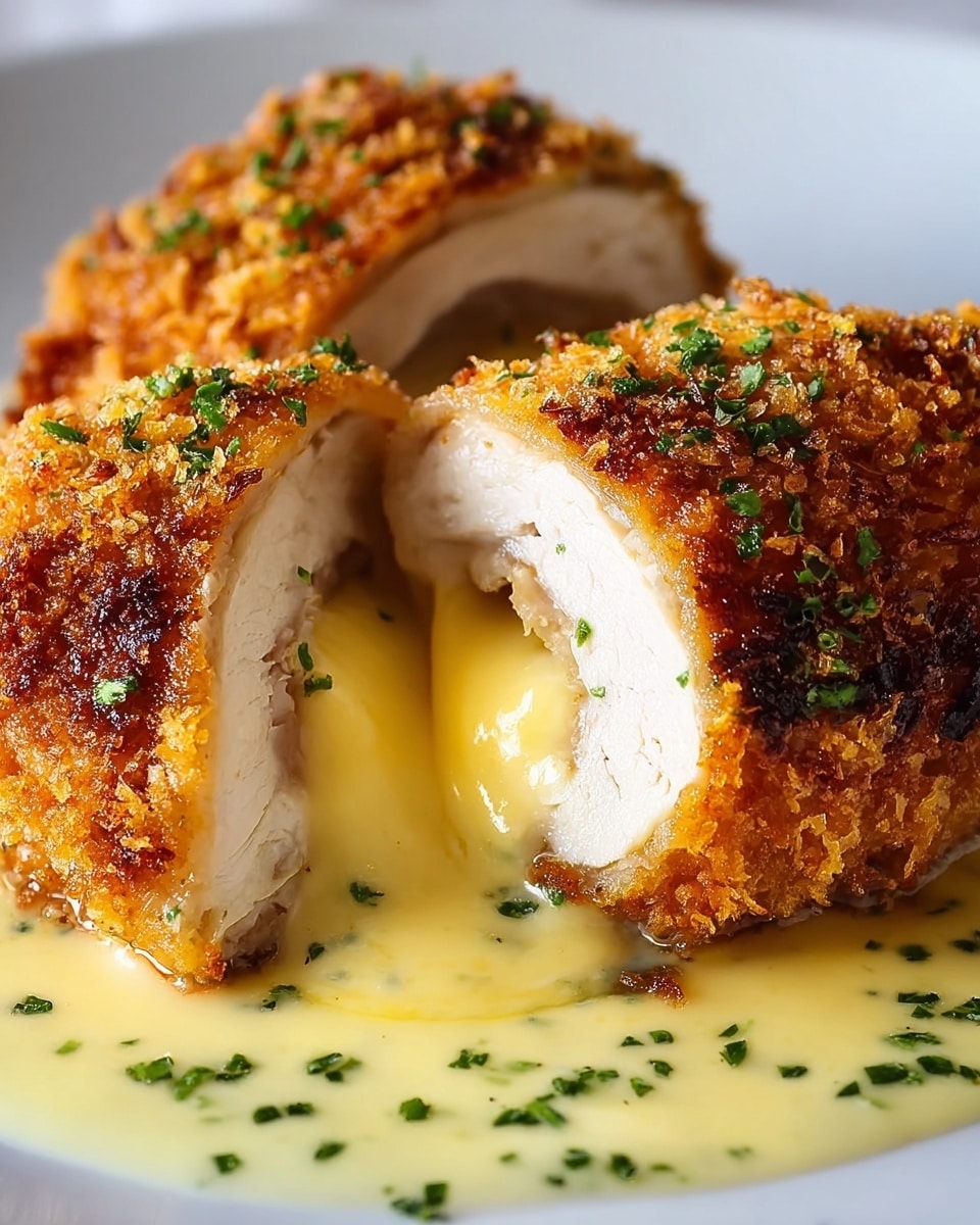 The dish shows two pieces of golden brown, crispy breaded chicken on a white plate. One piece is cut open, revealing tender, juicy white chicken inside with creamy, melted cheese oozing out. Both pieces are topped with more melted cheese sauce that is pale yellow and smooth, garnished with small bits of green herbs. The cheese sauce also pools slightly on the plate around the chicken. The background is a white marbled texture. photo taken with an iphone --ar 4:5 --v 7