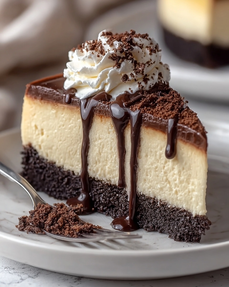 A close-up of a chocolate cheesecake slice placed on a white plate with a white marbled texture under it, showing three main layers: a bottom dark brown crumbly chocolate crust, a thick middle creamy light beige cheesecake layer, and a top glossy dark chocolate ganache layer. The ganache is decorated with small chocolate pieces and crumbs, and a swirl of white whipped cream sits on top, drizzled with thin lines of dark chocolate sauce. Some chocolate sauce and crumbs are also on the plate near the cake slice, with a silver fork resting beside it. The image is sharp and detailed, focusing on the texture contrast and rich colors. Photo taken with an iphone --ar 4:5 --v 7