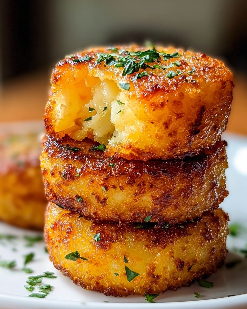 The image shows multiple small, round mashed potato cupcakes in silver baking cups arranged in a tray. Each cupcake has a golden-brown top layer with a slightly crispy texture and some small green herb sprinkles on top for garnish. The mashed potatoes are fluffy and creamy, forming a swirled, raised top that peaks gently with browned edges, creating a mix of white, light yellow, and golden-brown colors. The tray sits on a white marbled texture surface with a blurred kitchen stove in the background. The lighting highlights the texture and color contrast on the tops of the mashed potato cupcakes. photo taken with an iphone --ar 4:5 --v 7
