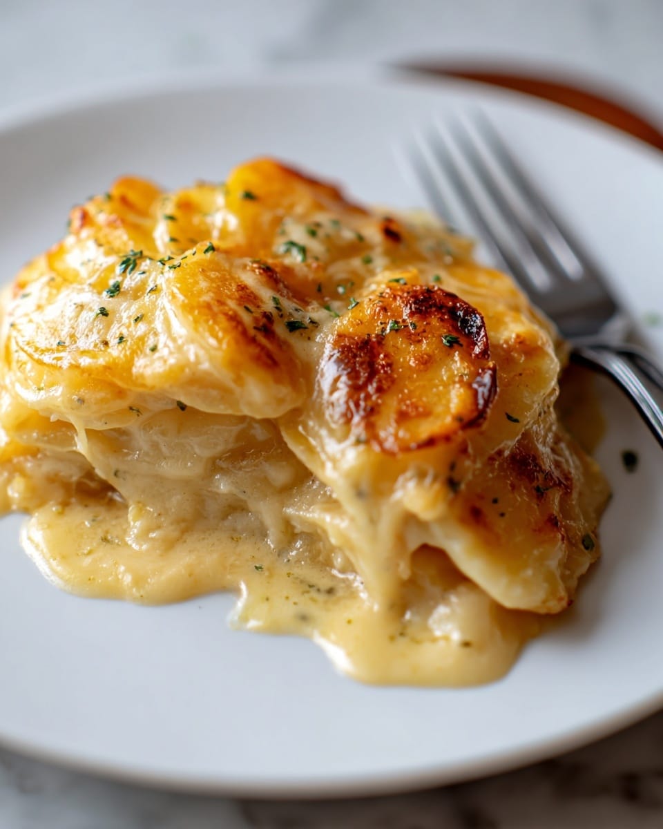 A white plate holds a layered serving of scalloped potatoes, showing about five visible layers of thin, round potato slices coated in a creamy, rich sauce. The top layer is golden brown and slightly crispy with a few small green herb sprinkles, while the creamy sauce drips slightly over the edges giving a glossy texture. The potatoes look soft and tender, nestled close together with a few browned edges from baking. A fork rests on the right side of the plate, and the plate sits on a white marbled surface. photo taken with an iphone --ar 4:5 --v 7