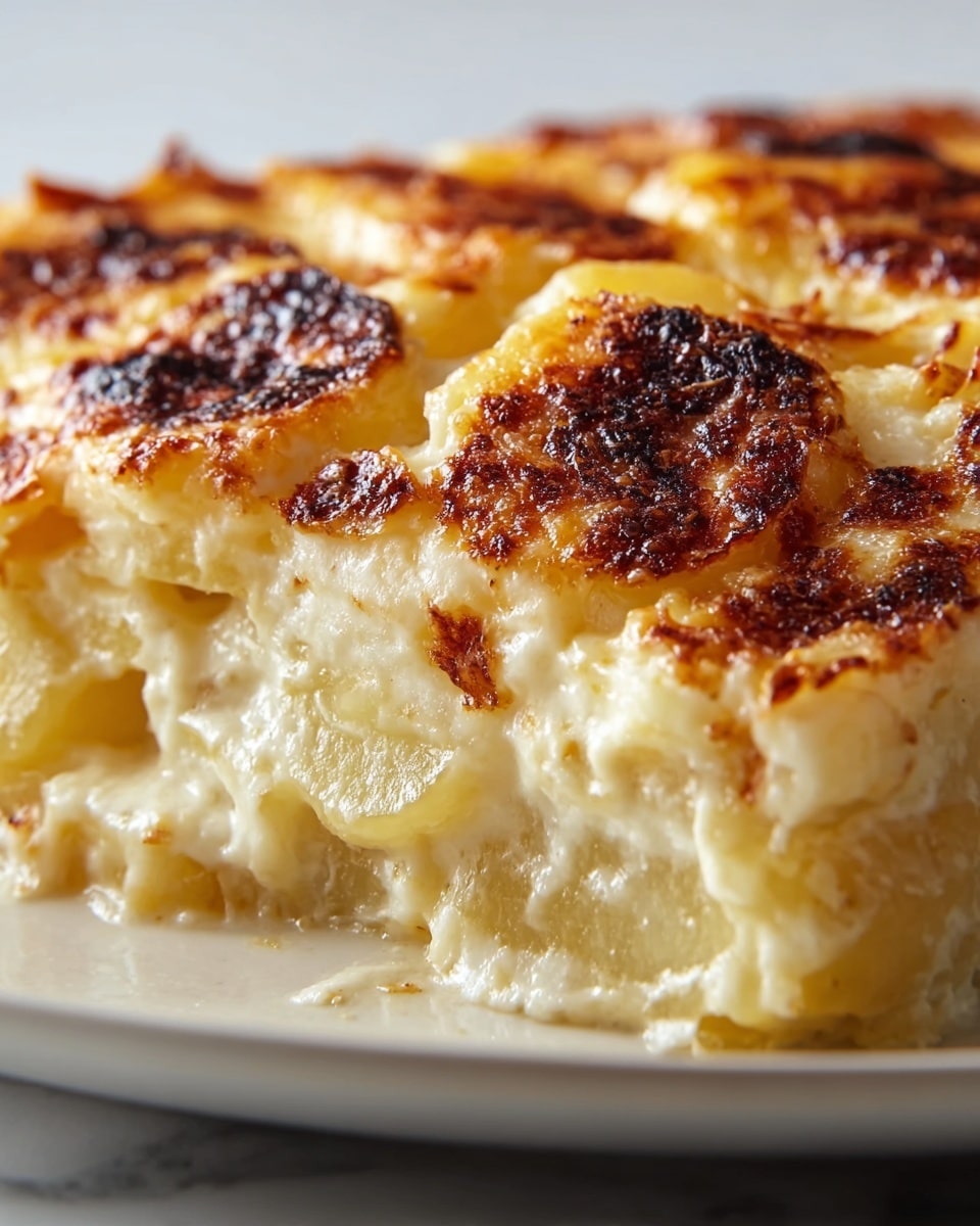 A close-up view of a creamy potato gratin showing three clear layers: the top layer is golden brown with crispy, slightly burnt cheese spots, the middle layer is creamy and soft with tender potato slices coated in a rich white sauce, and the bottom layer is made up of more smooth, cooked potato pieces. The texture looks soft and cheesy, with the top crunchy and browned, and the dish is placed on a white plate over a white marbled surface. photo taken with an iphone --ar 4:5 --v 7