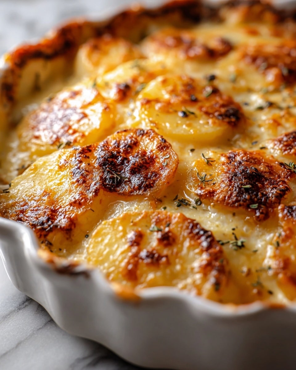 A close-up view of a golden brown scalloped potato dish in a white ceramic pie dish with wavy edges, showing about three visible layers of thinly sliced potatoes with cheese melted between them. The top layer is bubbly and browned with crispy edges and small dark spots, sprinkled lightly with herbs for texture. The creamy sauce peeks through around the potatoes, creating a rich and soft appearance. The dish sits on a white marbled textured surface, and the photo captures the steam and glistening melted cheese in warm lighting. photo taken with an iphone --ar 4:5 --v 7