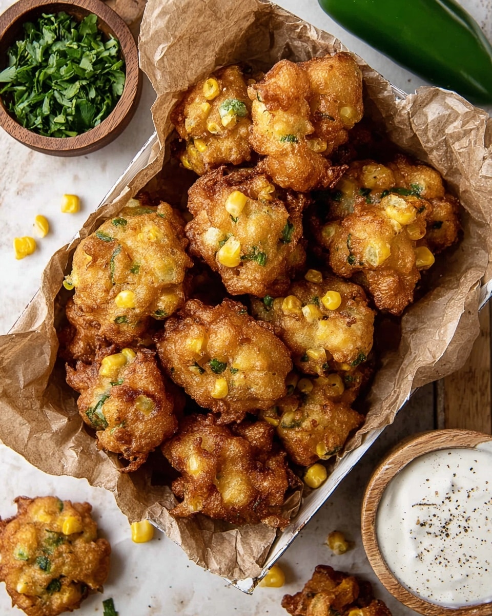 A pile of golden brown fried corn fritters with crispy, uneven textured edges rests on crumpled brown parchment paper inside a white tray, showing specks of green herbs and yellow corn kernels visible in the batter. A few loose fritters lie scattered around the tray on a white marbled surface, with some pieces of yellow corn sprinkled nearby. In the top left corner, a small round wooden bowl filled with chopped green herbs adds a fresh green contrast, while the top right corner shows a shiny green jalapeño pepper. On the right side, a small round wooden bowl holds a white creamy dipping sauce with black pepper specks, completing the rustic and inviting presentation. Photo taken with an iphone --ar 4:5 --v 7