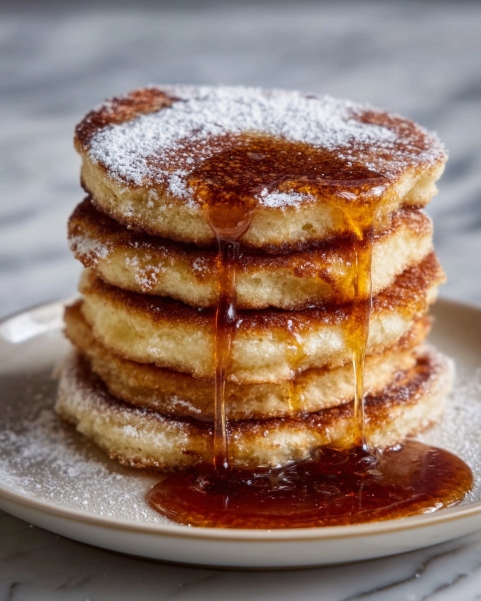 A stack of four thick, golden-brown pancakes sits on a white speckled plate. Each pancake layer has a soft, fluffy texture with slight crisp edges. Dark chocolate syrup is drizzled generously over the top and drips down the sides, adding a shiny, rich contrast. To the back right of the plate, there is a small brown jug filled with more syrup, and behind it, a clear glass filled with bright orange juice. The whole scene is set on a white marbled surface, creating a clean and bright background. Photo taken with an iphone --ar 4:5 --v 7