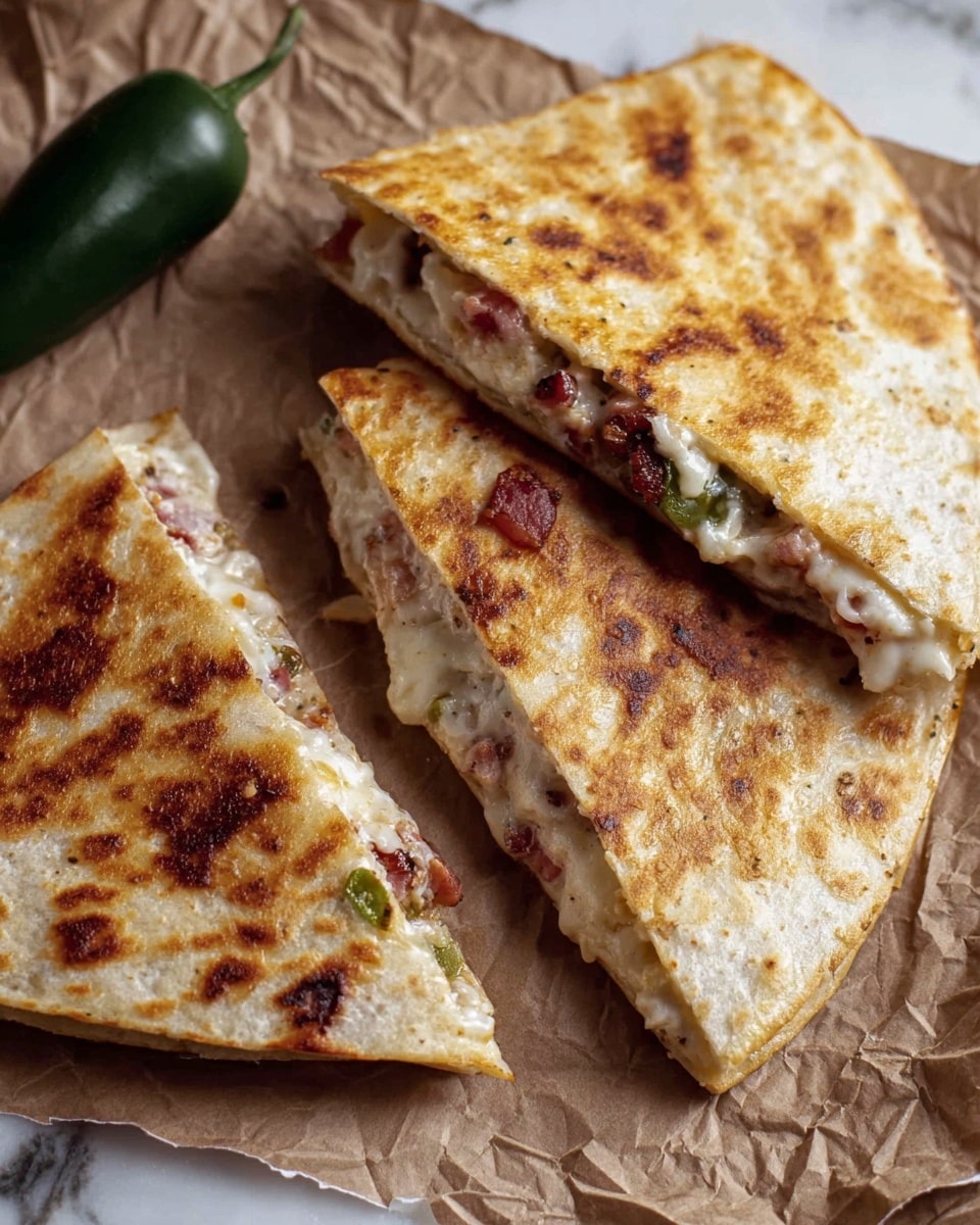 The image shows three triangular slices of quesadilla laid on crumpled brown paper over a white marbled surface. Each slice has a golden-brown, slightly crispy outer layer of grilled flatbread that encloses a rich filling. The filling consists of creamy melted white cheese mixed with small pieces of cooked meat, likely bacon or sausage, with bits of green peppers or jalapeño adding a splash of color. The quesadilla edges are sealed tightly, showing a well-cooked layer of toasted bread around the soft, gooey cheese mixture inside. A dark green jalapeño pepper is visible to the left side, adding to the spicy theme. Photo taken with an iphone --ar 4:5 --v 7