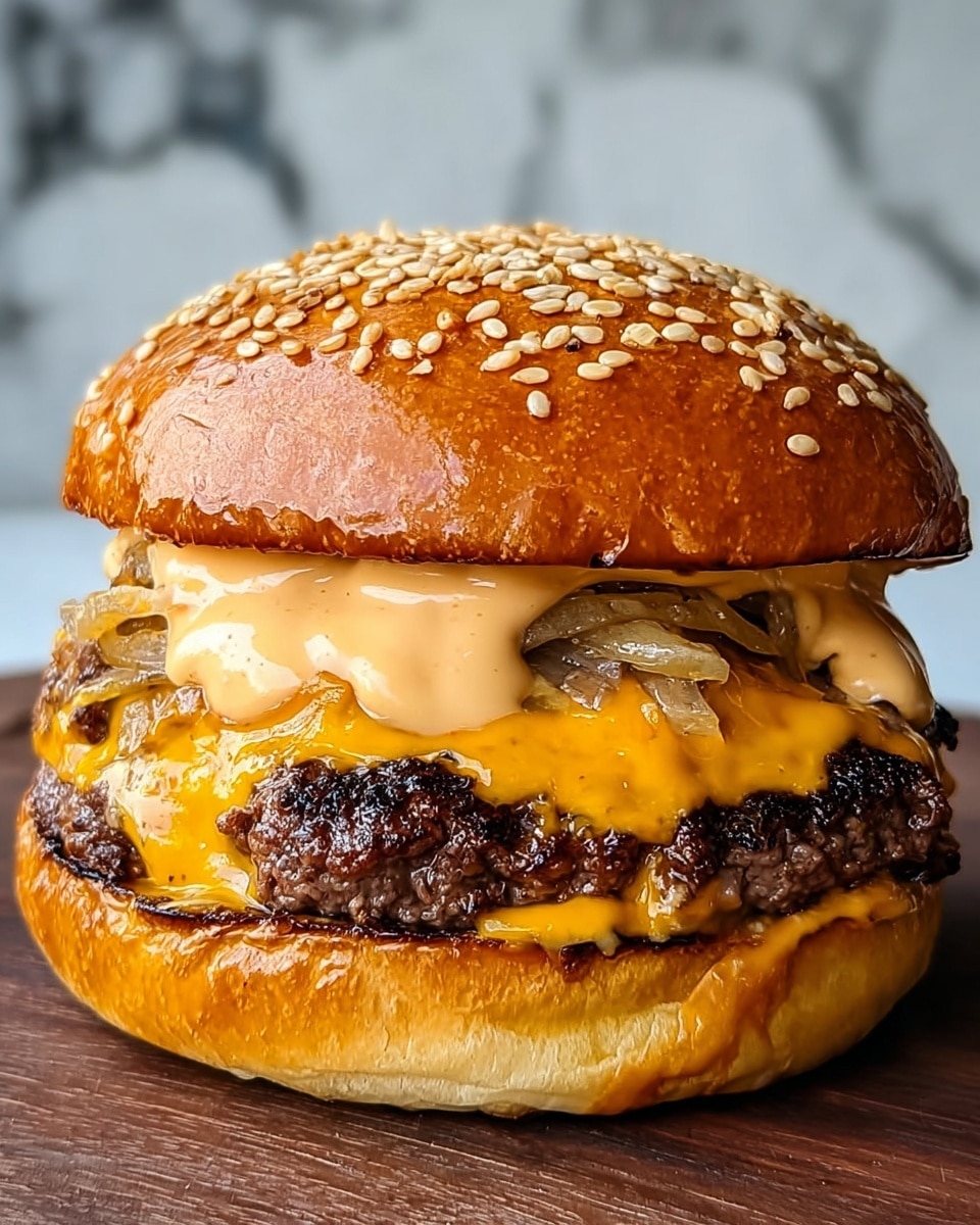 A close-up of a thick cheeseburger on a white sesame seed bun with a shiny, golden top. The bottom bun is lightly toasted and soft. On top of it sits a juicy, dark-grilled beef patty covered by bright orange melted cheddar cheese that drapes over the sides. Above the cheese, there are sautéed clear, cooked onions topped with a thick layer of creamy, slightly orange sauce dripping over the sides. The top bun is placed on top, slightly pressing the layers together. The burger is set against a white marbled texture background. photo taken with an iphone --ar 4:5 --v 7