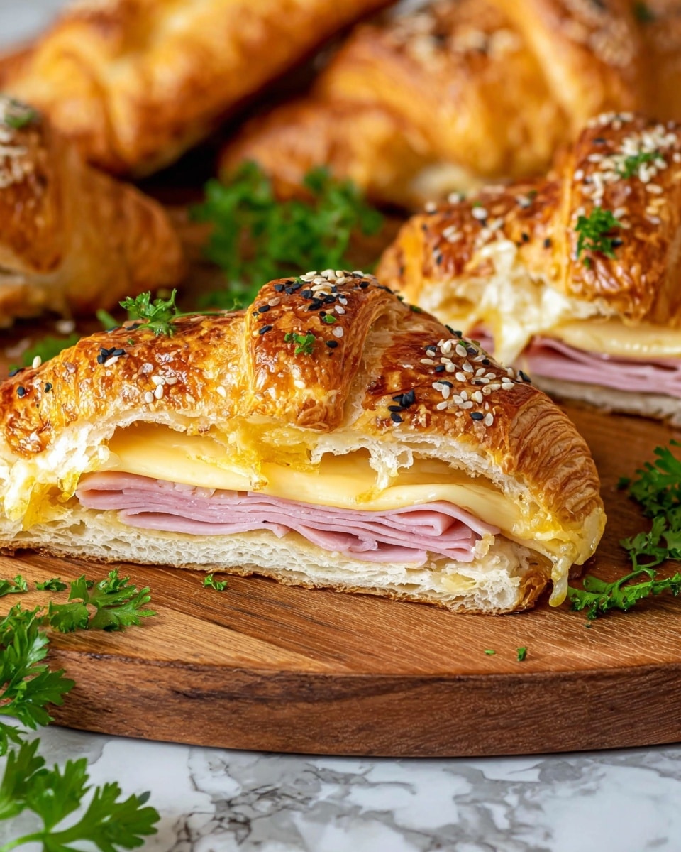 The image shows a close-up of a folded croissant sandwich slice on a wooden round board. The sandwich has three visible layers inside: a bottom layer of soft, pale golden croissant bread, a middle layer of thinly sliced pink ham, and a top layer of melted, creamy yellow cheese. The outer croissant crust is golden brown with a shiny, flaky texture, sprinkled with white and black sesame seeds. Fresh green parsley leaves are scattered on and around the croissant, adding a pop of color. In the background, there are more whole croissants resting on the same wooden board. The surface beneath is a white marbled texture. photo taken with an iphone --ar 4:5 --v 7