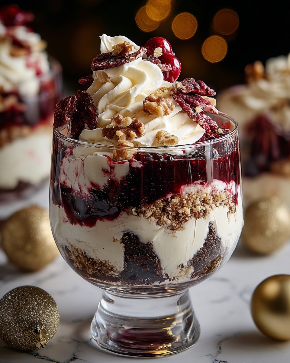 A clear glass dessert cup filled with multiple layers starting with a dark, moist cake base at the bottom, topped with white creamy layers and speckled with crumbled brown nuts and walnuts. Between the cake and cream, there is a deep red berry sauce adding a glossy texture. The top is decorated with a generous swirl of white whipped cream, dark red edible leaves or fruit slices, shiny red cherries, and walnut pieces. The background is a white marbled texture, with golden holiday ornaments placed nearby. photo taken with an iphone --ar 4:5 --v 7